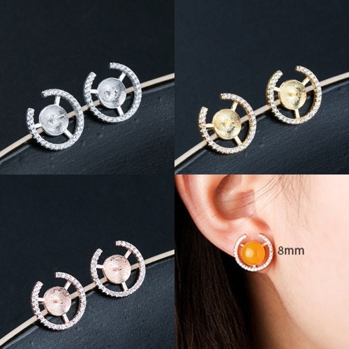 Crystals Round Pin Cup Earrings Stud Blank Setting Sterling Silver Gold Fine 925 8-10mm For One Pearl Bead No Prongs DIY Jewelry Wholesale