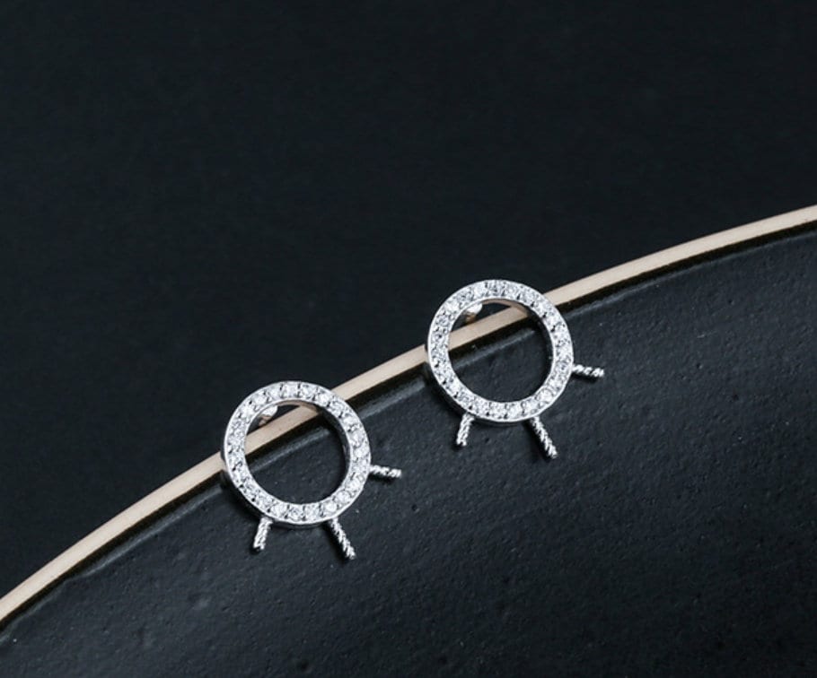 Crystals Circle Cup Pin Earrings Stud Blank Setting Sterling Silver Gold Bezel Fine 925 4-6mm For One Pearl No Prongs DIY Jewelry Wholesale