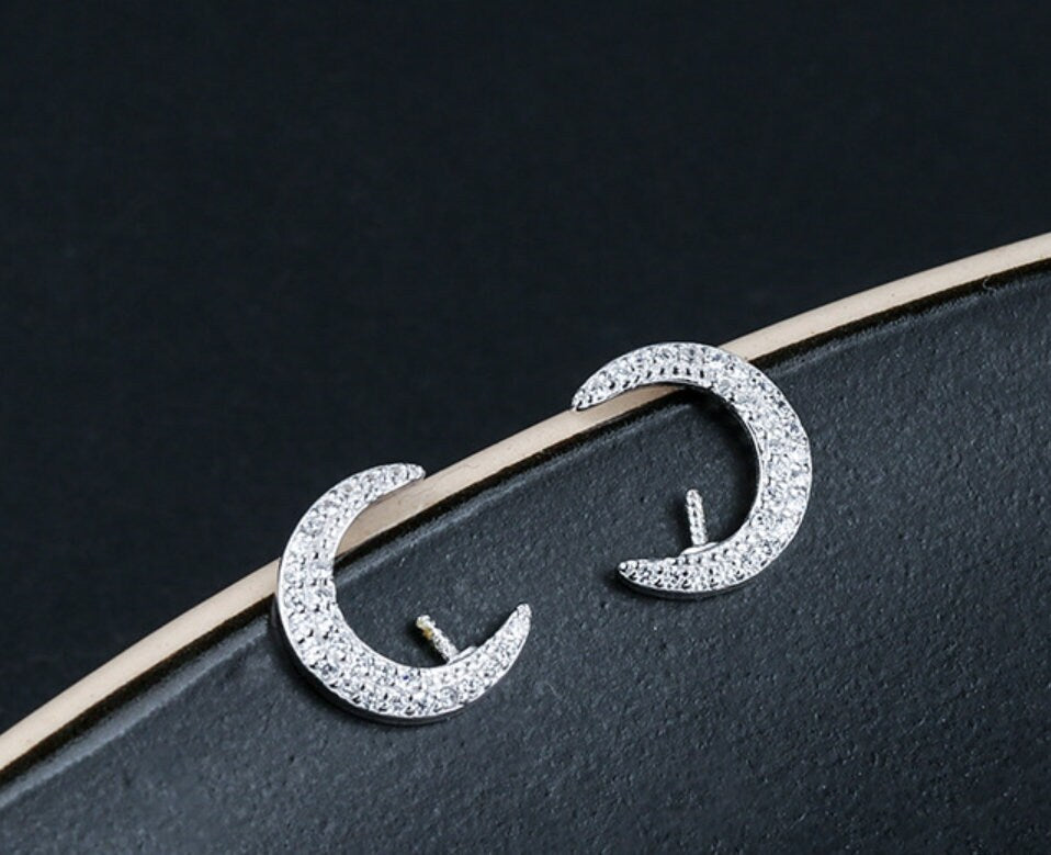 Crystals Moon Pin Base Earrings Stud Setting Sterling Silver White Gold Fine 925 4-6mm For One Pearl Bead No Prongs DIY Jewelry Wholesale