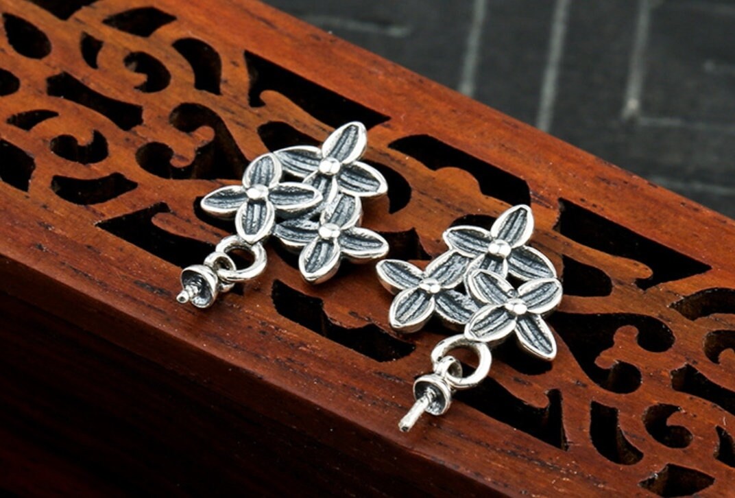 Flowers Pin Cup Base Earrings Stud Setting Bezel Sterling Silver Antique Fine 925 6-12mm For One Pearl Bead No Prongs DIY Jewelry Wholesale