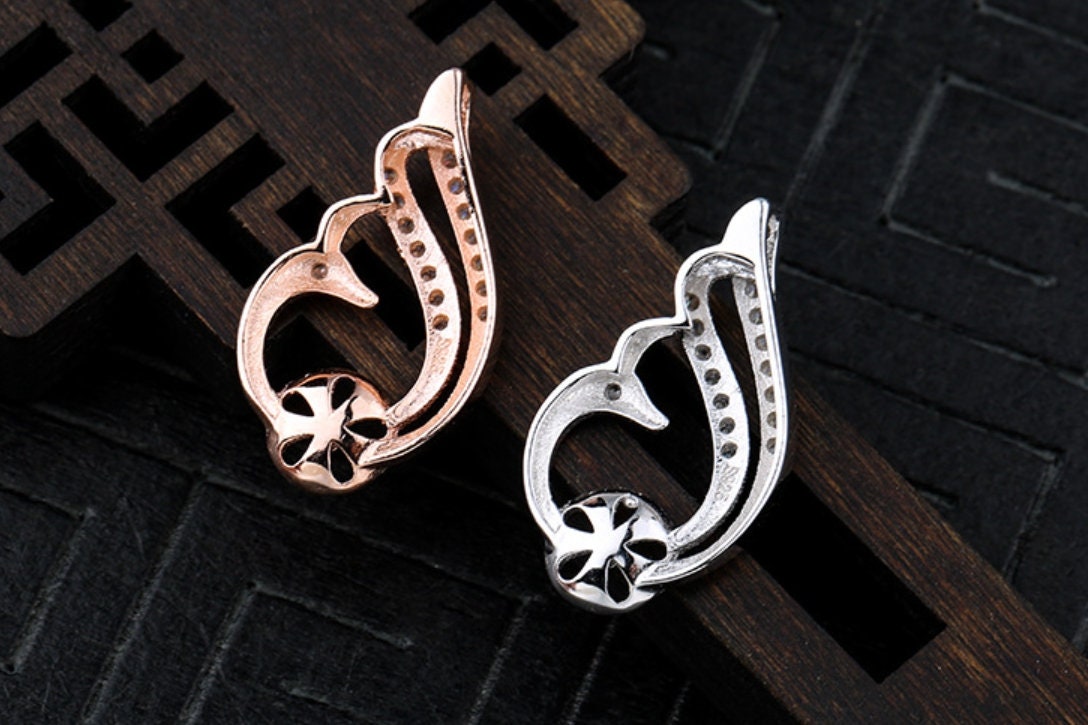 Crystals Bird Peacock Cup Pin Pendant Setting Sterling Silver Rose Gold Fine 925 8mm For One Pearl Bead No Prongs DIY Jewelry Wholesale