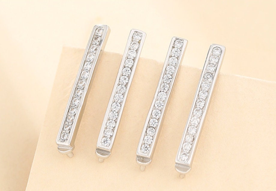 Crystals Strip Pin Base Earrings Stud Setting Sterling Silver White Gold Fine 925 2.5x23mm For One Pearl No Prongs DIY Jewelry Wholesale