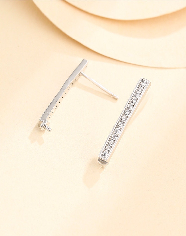 Crystals Strip Pin Base Earrings Stud Setting Sterling Silver White Gold Fine 925 2.5x23mm For One Pearl No Prongs DIY Jewelry Wholesale