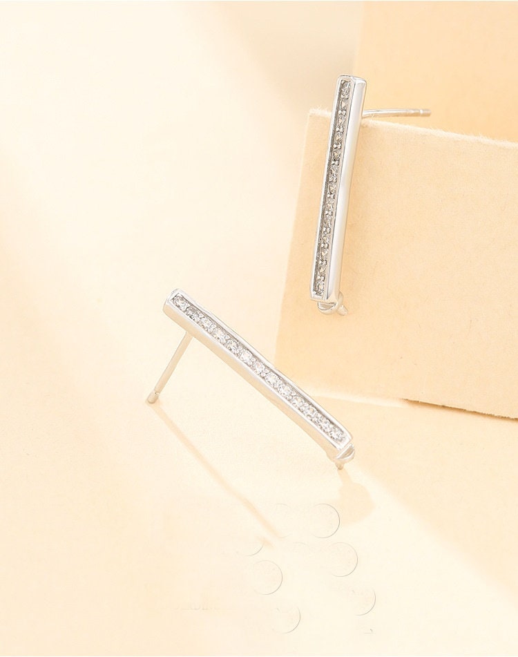 Crystals Strip Pin Base Earrings Stud Setting Sterling Silver White Gold Fine 925 2.5x23mm For One Pearl No Prongs DIY Jewelry Wholesale