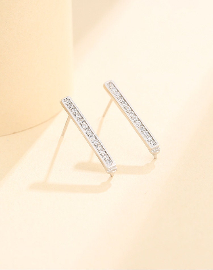 Crystals Strip Pin Base Earrings Stud Setting Sterling Silver White Gold Fine 925 2.5x23mm For One Pearl No Prongs DIY Jewelry Wholesale