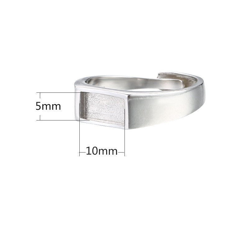 Ring Blank Setting 1pc Sterling Silver 925 Smooth Rectangle Base Retro Fine 5x10mm For One Stone Gemstone Adjustable No Prongs Wholesale