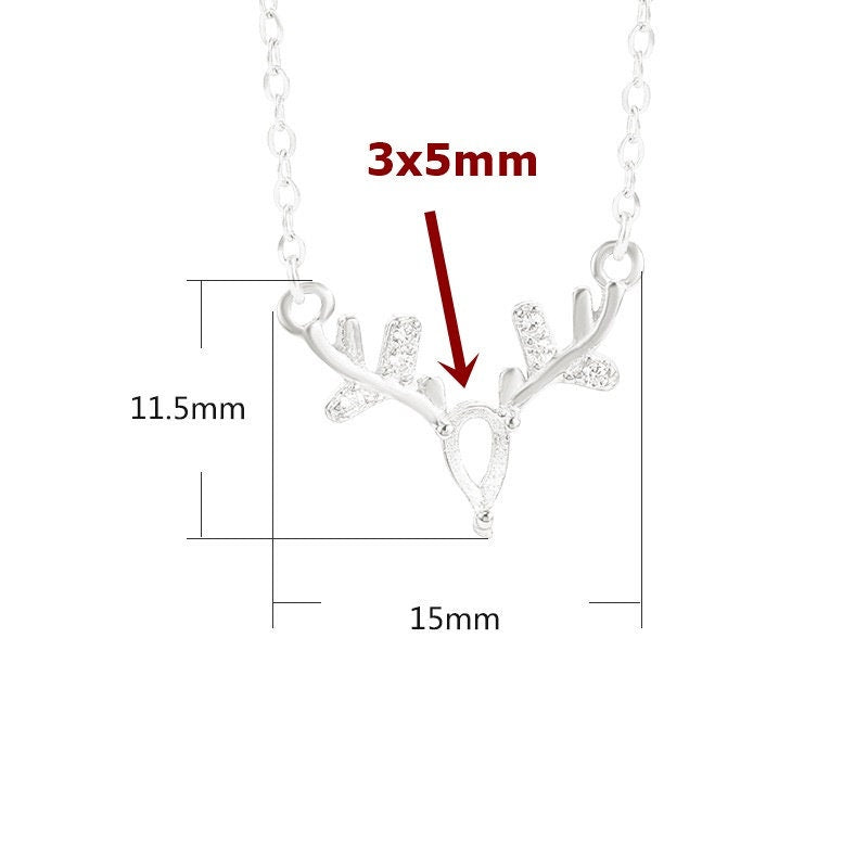 Deer Antlers Teardrop Pendant Setting Bezel Sterling Silver White Gold Fine 925 3x5mm 5x7mm For One Stone Three Prongs DIY Jewelry Wholesale