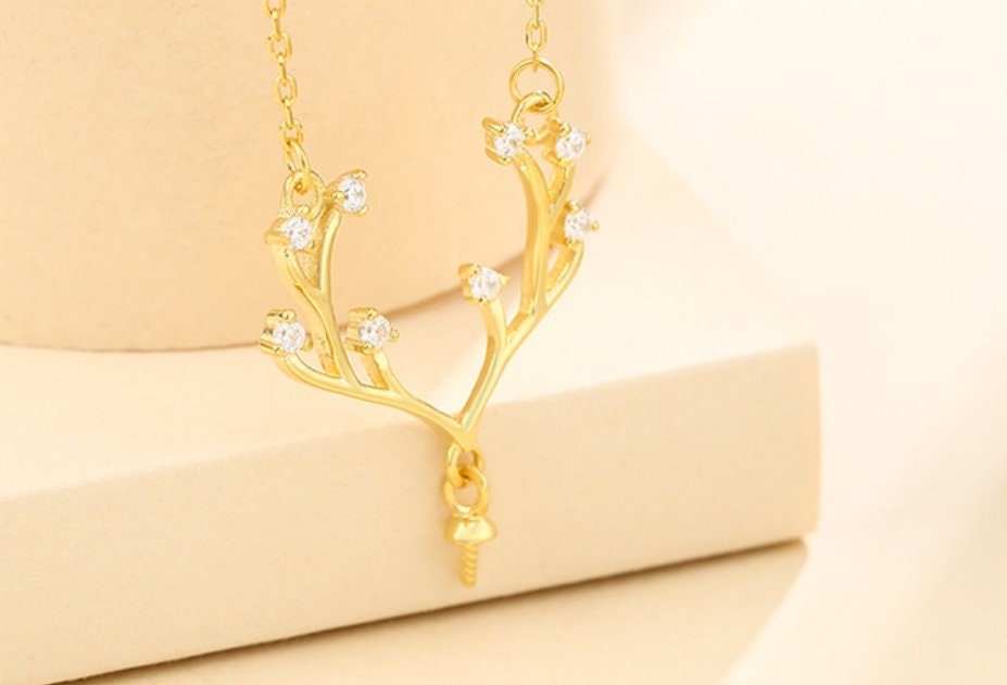 Deer Antlers Pin Base Pendant Setting Bezel Sterling Silver White Gold Fine 925 8-12mm For One Pearl Bead No Prongs DIY Jewelry Wholesale