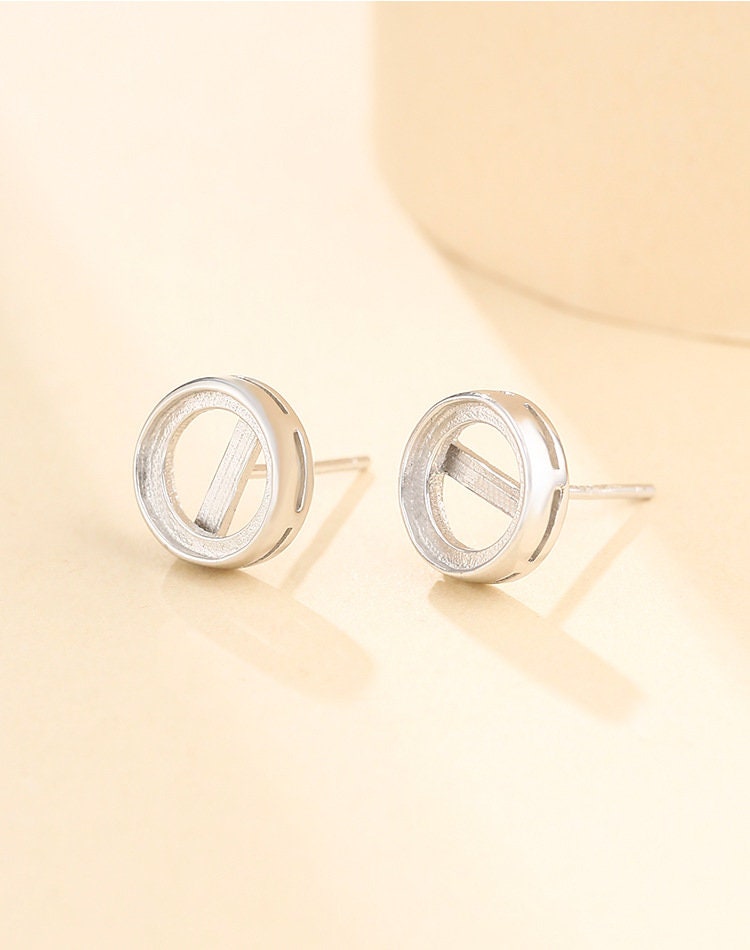 Simple Round Base Stud Earrings Setting Sterling Silver White Gold Fine 925 5-10mm For One Stone Gemstone No Prongs DIY Jewelry Wholesale