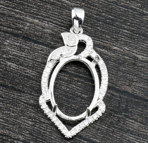 Crystals Leaf Oval Base Pendant Four Prongs Setting Sterling Silver White Gold Fine 925 11x15mm For One Stone Gemstone DIY Jewelry Wholesale