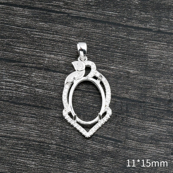 Crystals Leaf Oval Base Pendant Four Prongs Setting Sterling Silver White Gold Fine 925 11x15mm For One Stone Gemstone DIY Jewelry Wholesale