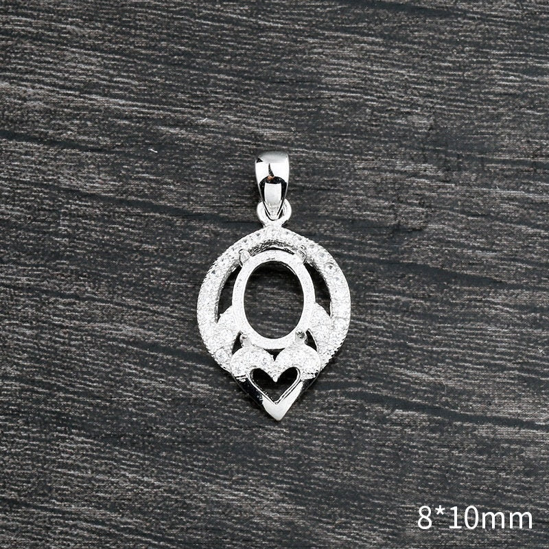 Crystals Heart Oval Base Pendant Setting Bezel Sterling Silver White Gold Fine 925 8x10mm For One Stone Four Prongs DIY Jewelry Wholesale