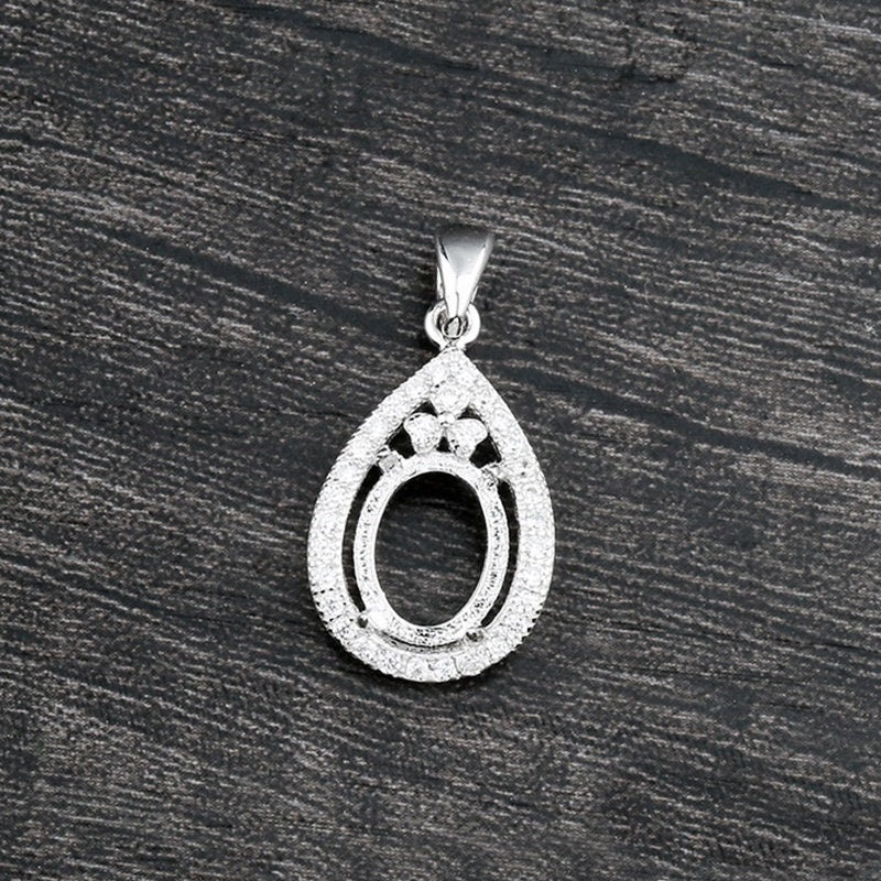 Crystals Teardrop Oval Pendant Setting Wholesale Sterling Silver White Gold Fine 925 8x10mm For One Stone Gemstone Four Prongs DIY Jewelry