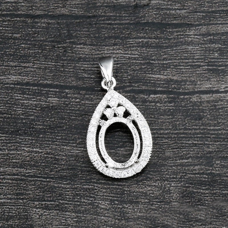 Crystals Teardrop Oval Pendant Setting Wholesale Sterling Silver White Gold Fine 925 8x10mm For One Stone Gemstone Four Prongs DIY Jewelry