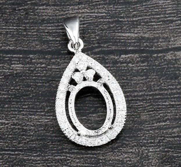 Crystals Teardrop Oval Pendant Setting Wholesale Sterling Silver White Gold Fine 925 8x10mm For One Stone Gemstone Four Prongs DIY Jewelry