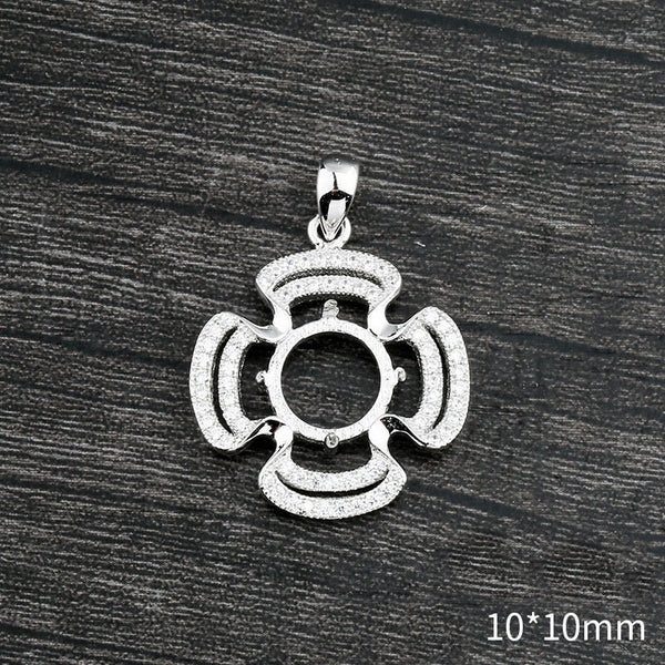 Crystals Flower Round Pendant Four Prongs Setting Sterling Silver White Gold Fine 925 10x10mm For One Stone Gemstone DIY Jewelry Wholesale