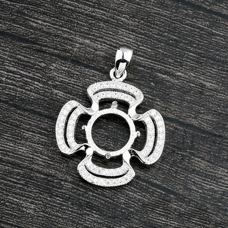 Crystals Flower Round Pendant Four Prongs Setting Sterling Silver White Gold Fine 925 10x10mm For One Stone Gemstone DIY Jewelry Wholesale