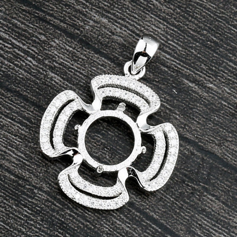 Crystals Flower Round Pendant Four Prongs Setting Sterling Silver White Gold Fine 925 10x10mm For One Stone Gemstone DIY Jewelry Wholesale