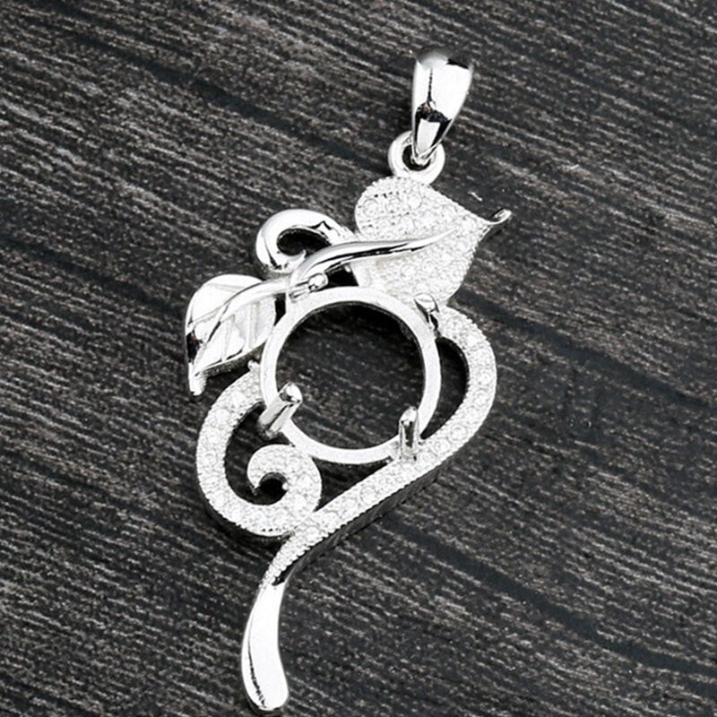 Crystals Leaf Round Pendant Setting Sterling Silver White Gold Fine 925 10x10mm For One Stone Gemstone Four Prongs DIY Jewelry Wholesale