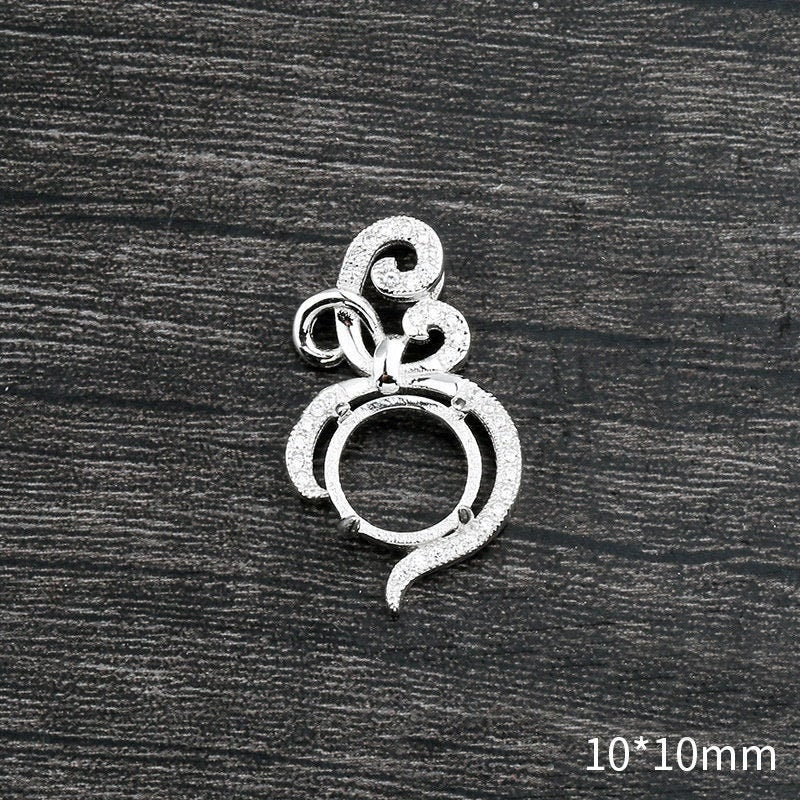 Crystals Flower Round Pendant Setting Base Sterling Silver White Gold Fine 925 10x10mm For One Stone Four Prongs DIY Jewelry Wholesale