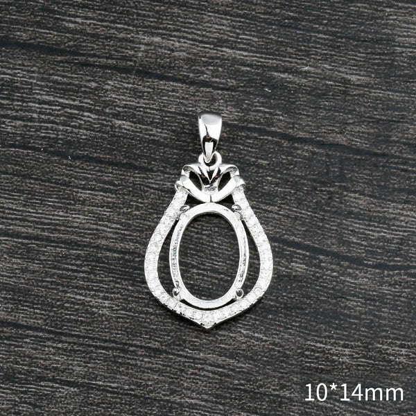 Crystals Flower Oval Base Pendant Setting Bezel Sterling Silver White Gold Fine 925 10x14mm For One Stone Four Prongs DIY Jewelry Wholesale