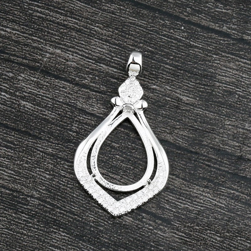 Crystals Teardrop Base Pendant Setting Tray Sterling Silver White Gold Fine 925 12x16mm For One Stone Three Prongs DIY Jewelry Wholesale