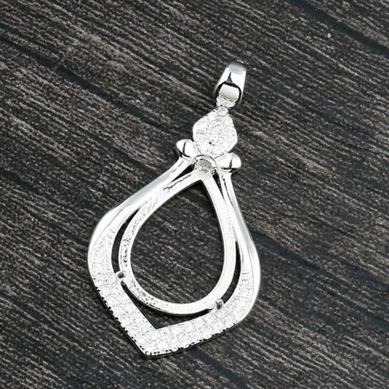 Crystals Teardrop Base Pendant Setting Tray Sterling Silver White Gold Fine 925 12x16mm For One Stone Three Prongs DIY Jewelry Wholesale