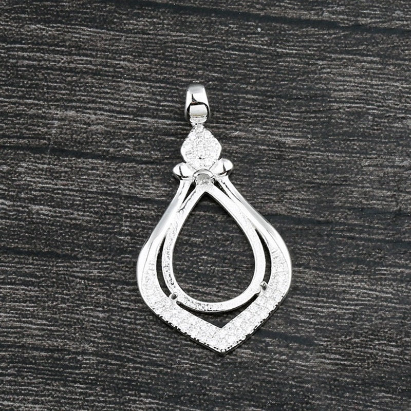 Crystals Teardrop Base Pendant Setting Tray Sterling Silver White Gold Fine 925 12x16mm For One Stone Three Prongs DIY Jewelry Wholesale