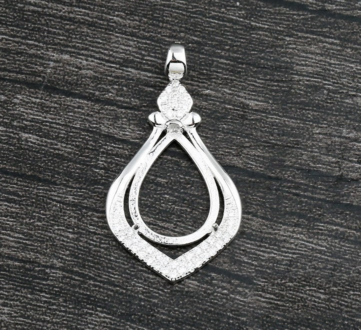 Crystals Teardrop Base Pendant Setting Tray Sterling Silver White Gold Fine 925 12x16mm For One Stone Three Prongs DIY Jewelry Wholesale