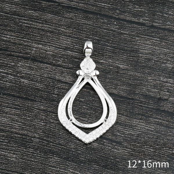 Crystals Teardrop Base Pendant Setting Tray Sterling Silver White Gold Fine 925 12x16mm For One Stone Three Prongs DIY Jewelry Wholesale