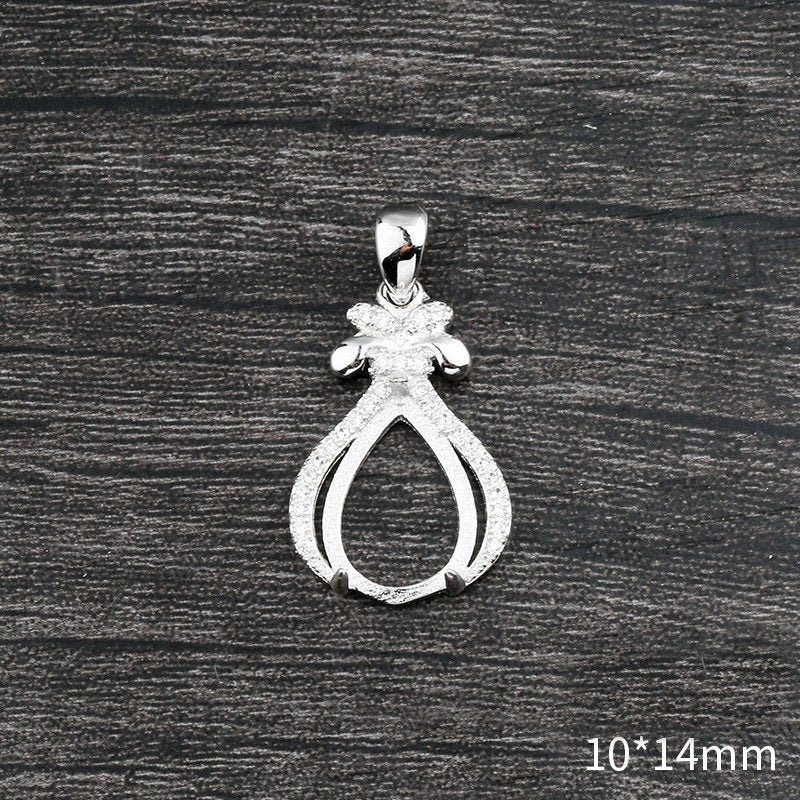 Crystals Teardrop Base Pendant Setting Wholesale Sterling Silver White Gold Fine 925 10x14mm For One Stone Gemstone Three Prongs DIY Jewelry