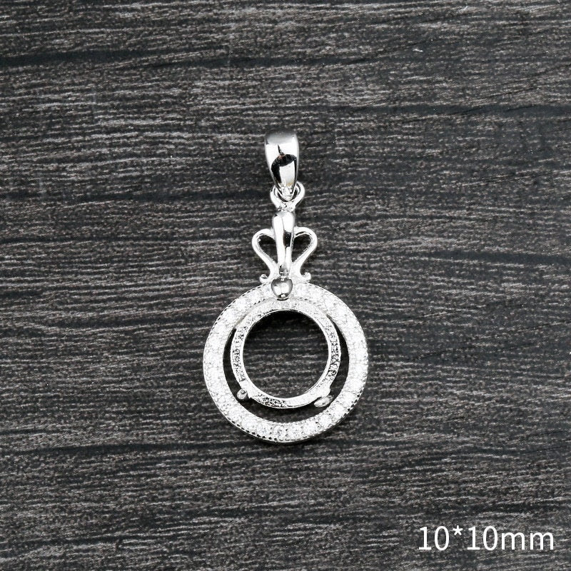 Crystals Round Pendant Setting Base Sterling Silver White Gold Fine 925 10x10mm For One Stone Gemstone Four Prongs DIY Jewelry Wholesale