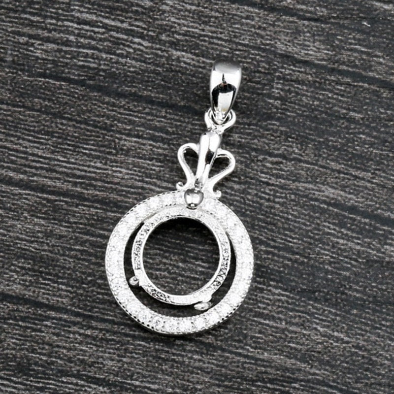 Crystals Round Pendant Setting Base Sterling Silver White Gold Fine 925 10x10mm For One Stone Gemstone Four Prongs DIY Jewelry Wholesale