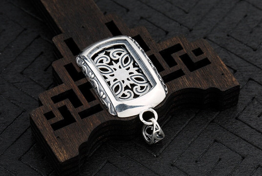 Vintage Flower Rectangle Base Pendant Setting Fine Sterling Silver 925 12.5x22mm For One Stone Gemstone No Prongs DIY Jewelry Wholesale