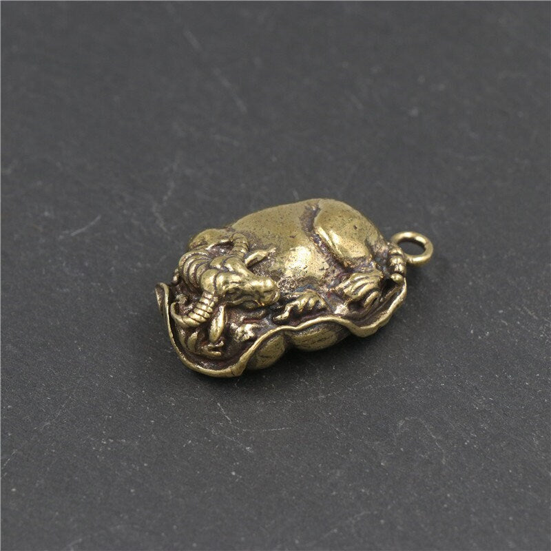 Solid Brass Old Lotus Cow Zodiac Mini Figurine Concho Pendant Charm Decor Miniature Figure Keyfob Antique Color Accessories For DIY Handmade