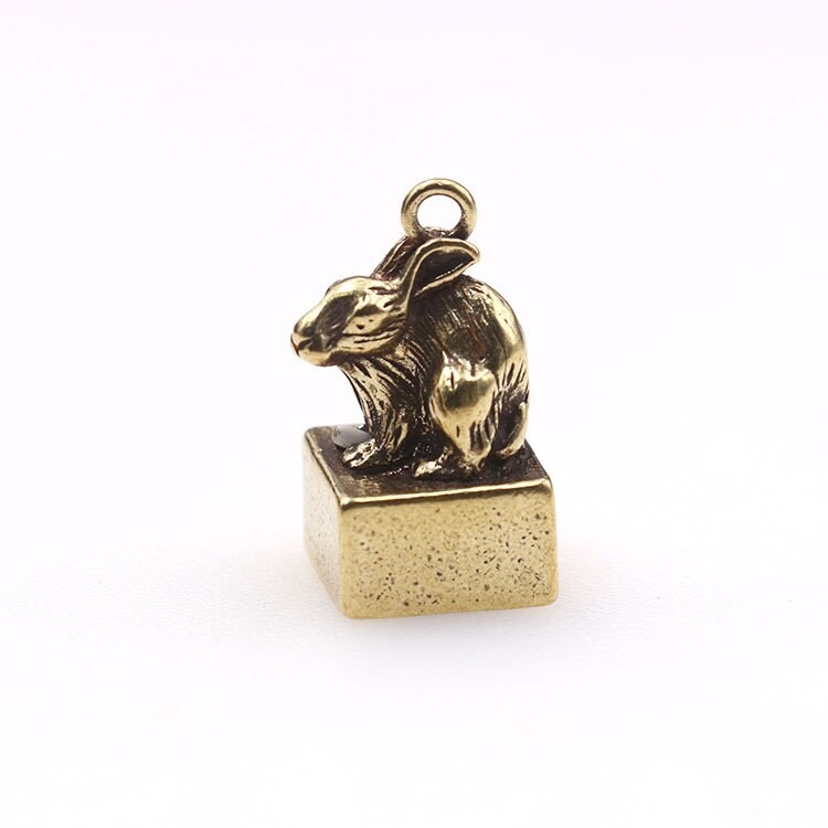 Solid Brass Old Rabbit Zodiac Mini Figurine Concho Pendant Charm Decor Miniature Figure Keyfob Antique Color Accessories For DIY Handmade