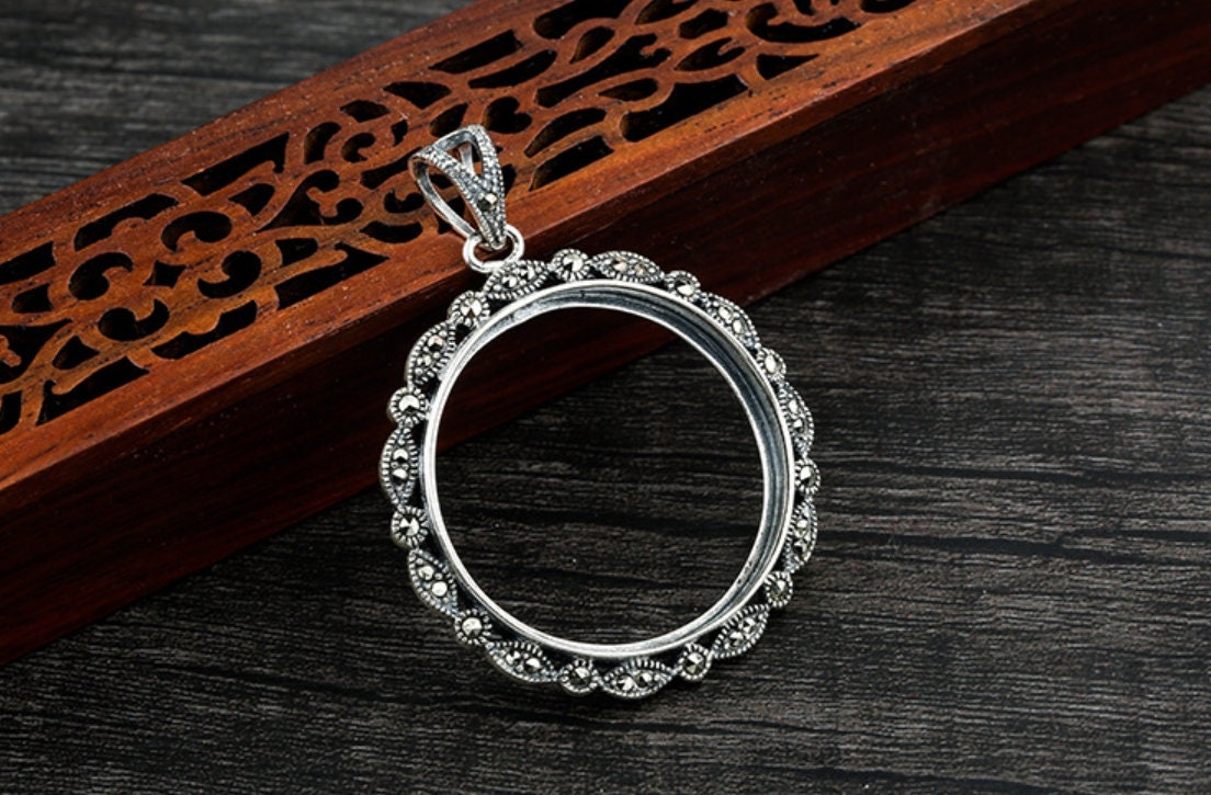 Retro Circle Round Base Pendant Setting Tray Bulk Sterling Silver Fine 925 27mm For One Stone Gemstone No Prongs DIY Jewelry Wholesale