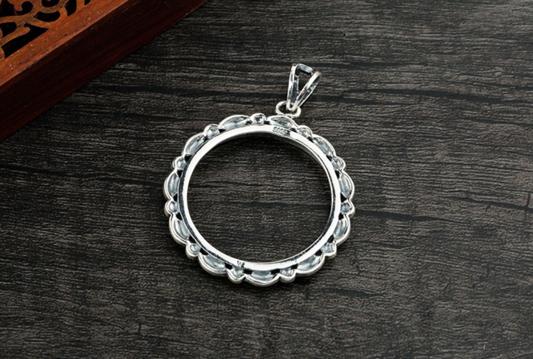 Retro Circle Round Base Pendant Setting Tray Bulk Sterling Silver Fine 925 27mm For One Stone Gemstone No Prongs DIY Jewelry Wholesale