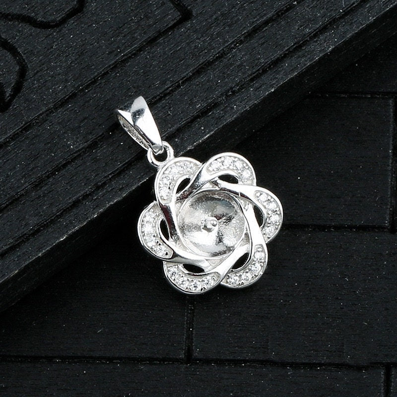 Crystals Flower Cup Pin Base Pendant Setting Sterling Silver White Gold Fine 925 8-10mm For One Pearl Bead No Prongs DIY Jewelry Wholesale