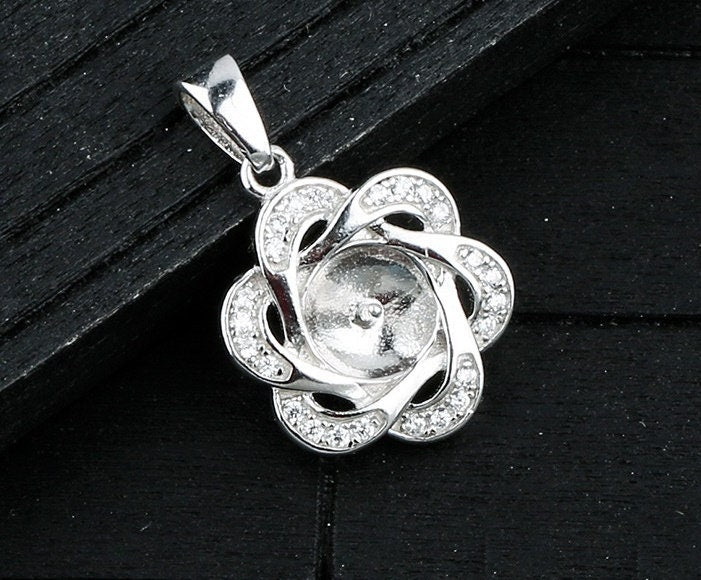 Crystals Flower Cup Pin Base Pendant Setting Sterling Silver White Gold Fine 925 8-10mm For One Pearl Bead No Prongs DIY Jewelry Wholesale