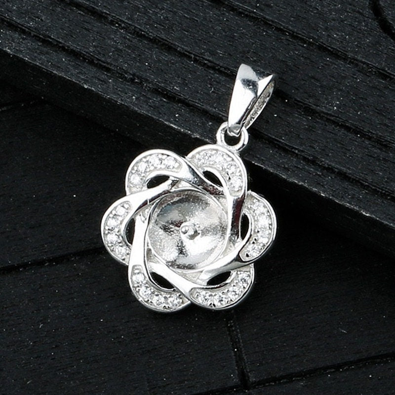 Crystals Flower Cup Pin Base Pendant Setting Sterling Silver White Gold Fine 925 8-10mm For One Pearl Bead No Prongs DIY Jewelry Wholesale