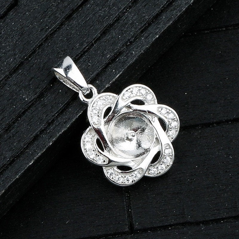 Crystals Flower Cup Pin Base Pendant Setting Sterling Silver White Gold Fine 925 8-10mm For One Pearl Bead No Prongs DIY Jewelry Wholesale