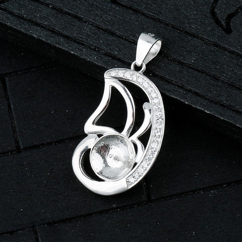 Crystals Leaf Cup Pin Pendant Setting Base Sterling Silver White Gold Fine 925 8-10mm For One Pearl Bead No Prongs DIY Jewelry Wholesale