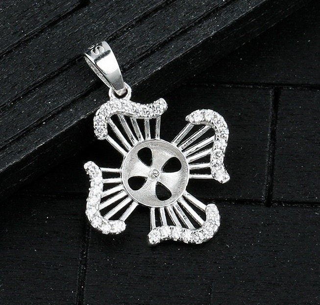 Crystals Flower Cup Pin Base Pendant Blank Setting Sterling Silver White Gold Fine 925 8-10mm For One Pearl No Prongs DIY Jewelry Wholesale