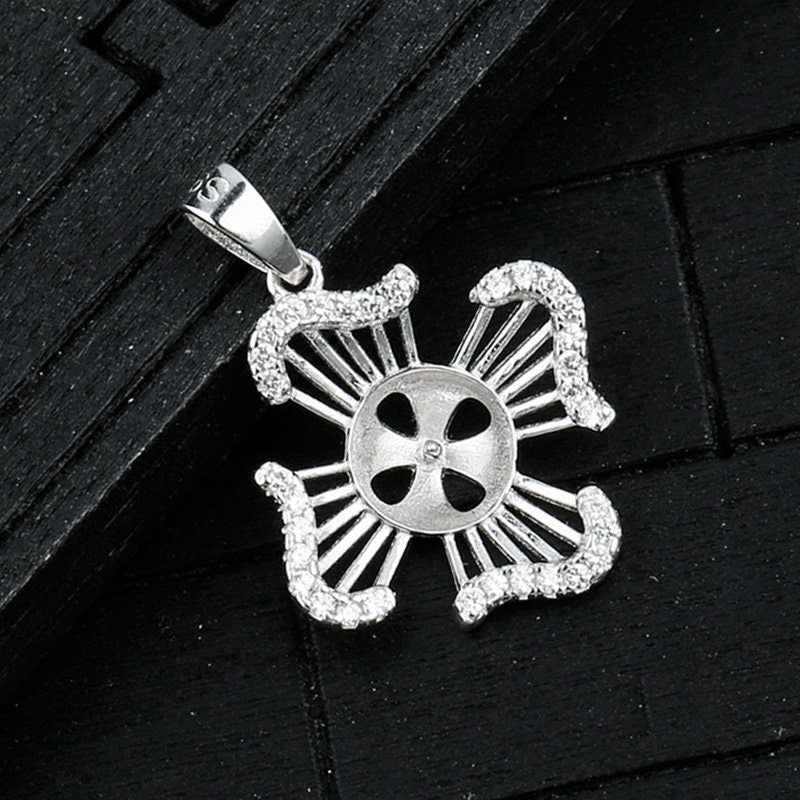 Crystals Flower Cup Pin Base Pendant Blank Setting Sterling Silver White Gold Fine 925 8-10mm For One Pearl No Prongs DIY Jewelry Wholesale