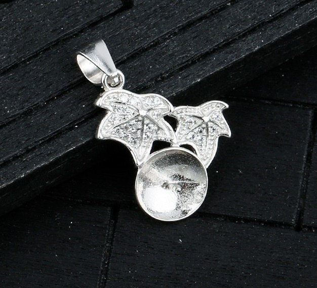 Crystals Leaf Cup Pin Base Pendant No Prongs Setting Sterling Silver White Gold Fine 925 8-10mm For One Pearl Bead DIY Jewelry Wholesale