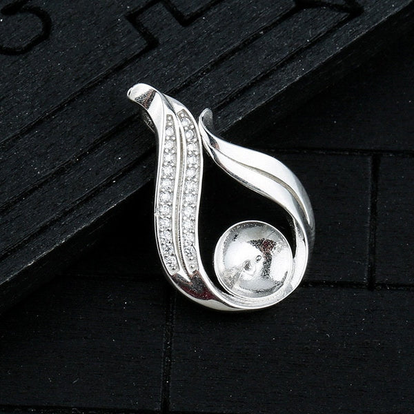 Crystals Leaf Cup Pin Base Pendant Setting Sterling Silver White Gold Fine 925 8-10mm For One Pearl Bead No Prongs DIY Jewelry Wholesale