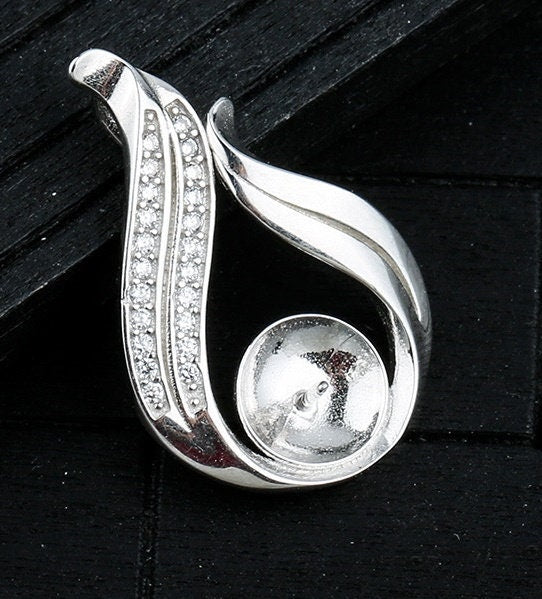 Crystals Leaf Cup Pin Base Pendant Setting Sterling Silver White Gold Fine 925 8-10mm For One Pearl Bead No Prongs DIY Jewelry Wholesale