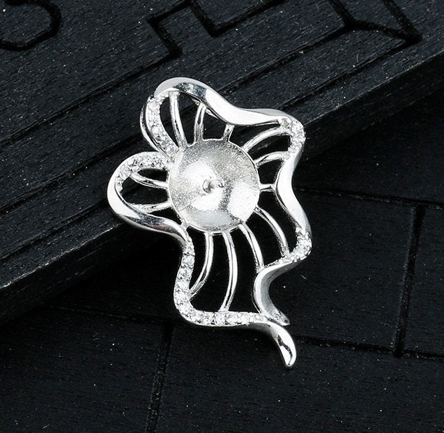 Crystals Flower Cup Pin Base Pendant Setting Base Sterling Silver White Gold Fine 925 8-10mm For One Pearl No Prongs DIY Jewelry Wholesale