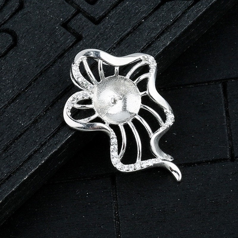 Crystals Flower Cup Pin Base Pendant Setting Base Sterling Silver White Gold Fine 925 8-10mm For One Pearl No Prongs DIY Jewelry Wholesale